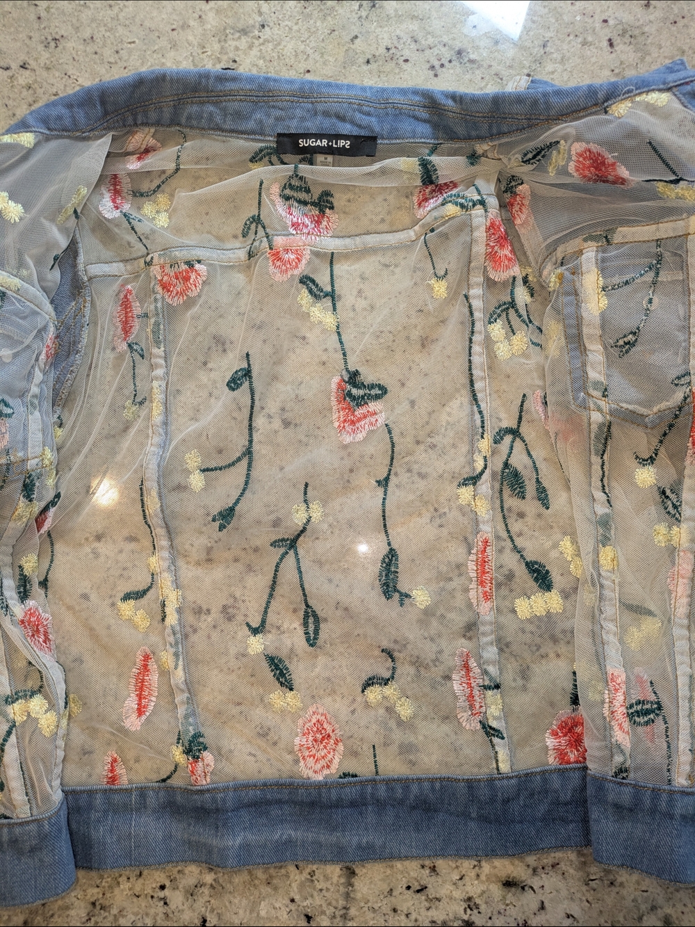Sugar Lips Floral Embroidered Sheer Mesh Denim Trucker Jacket M - Picture 6 of 13
